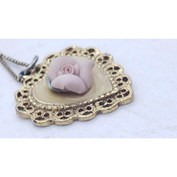 Vintage Heart Necklace Pink Porcelain Rose Gold Plated Filigree Artisan Handmade - Picture 6 of 12